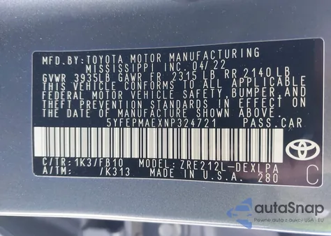 2022 Toyota Corolla Le from USA, damaged, VIN 5YFEPMAEXNP324721